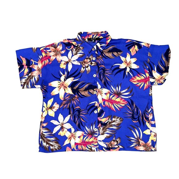 Lipslide Medium Royal Blue Floral Button Up Shirt Tropical Resort City Chic - Picture 9 of 9